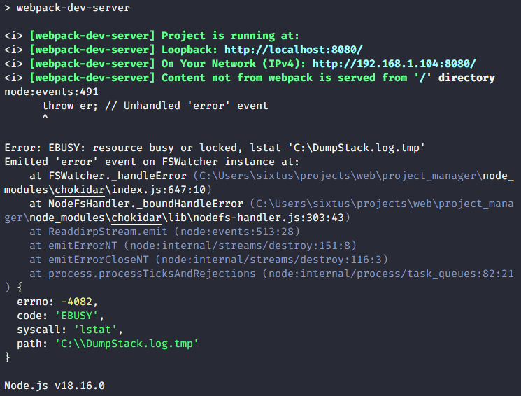 How I solved webpack/chokidar error — Error: EBUSY: resource busy or locked, lstat ‘C:\DumpStack.log
